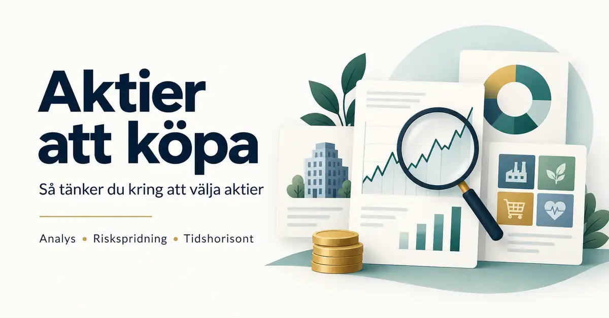 Illustration med rubriken ”Aktier att köpa”, ett förstoringsglas över ett aktiediagram och symboler för analys, riskspridning och tidshorisont.