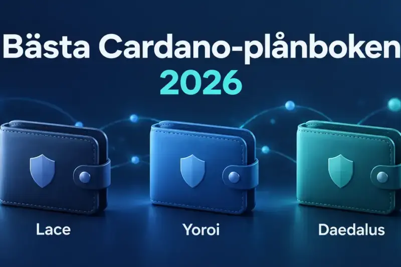 Tre stiliserade plånböcker med sköldsymboler representerar Lace, Yoroi och Daedalus under rubriken Bästa Cardano-plånboken 2026.
