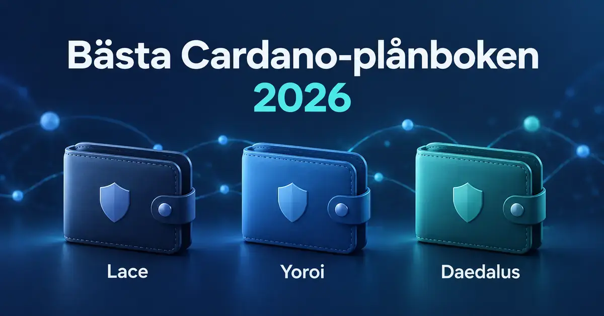 Tre stiliserade plånböcker med sköldsymboler representerar Lace, Yoroi och Daedalus under rubriken Bästa Cardano-plånboken 2026.
