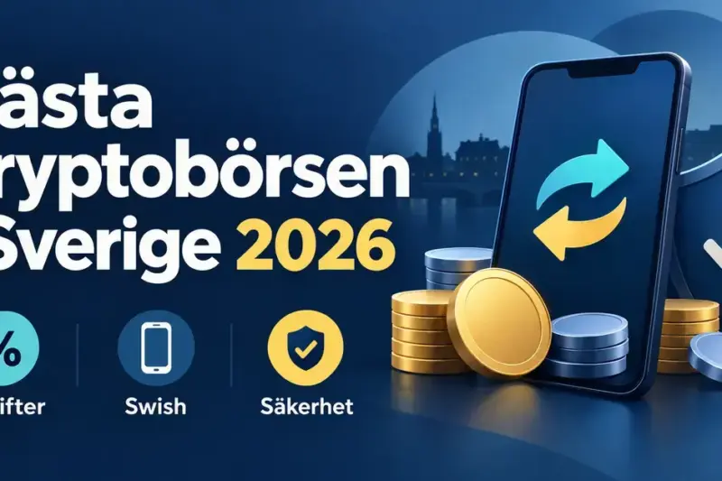 Illustration om kryptobörser i Sverige 2026 med digitala mynt, en mobiltelefon och en skyddssköld samt symboler för avgifter, Swish och säkerhet.