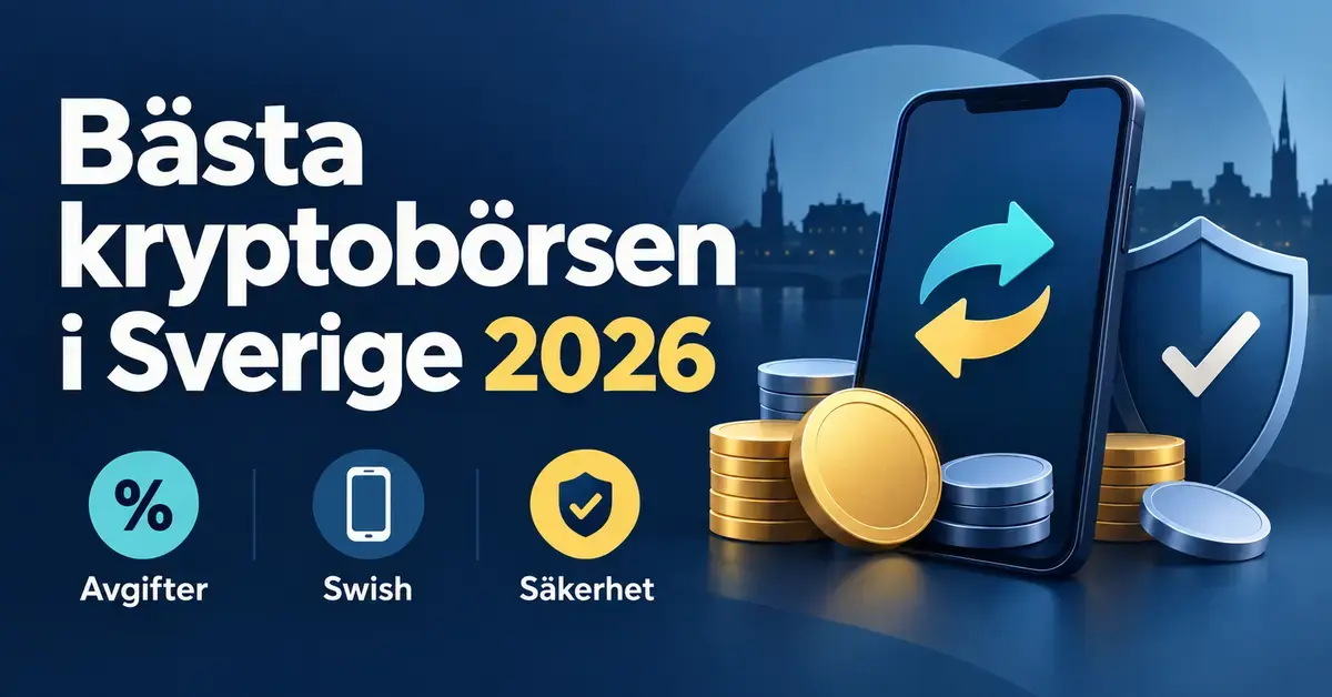 Illustration om kryptobörser i Sverige 2026 med digitala mynt, en mobiltelefon och en skyddssköld samt symboler för avgifter, Swish och säkerhet.