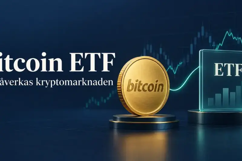 Illustration av ett guldfärgat bitcoinmynt kopplat till en ETF-fond med börsdiagram i bakgrunden och texten ”Bitcoin ETF – Så påverkas kryptomarknaden”.