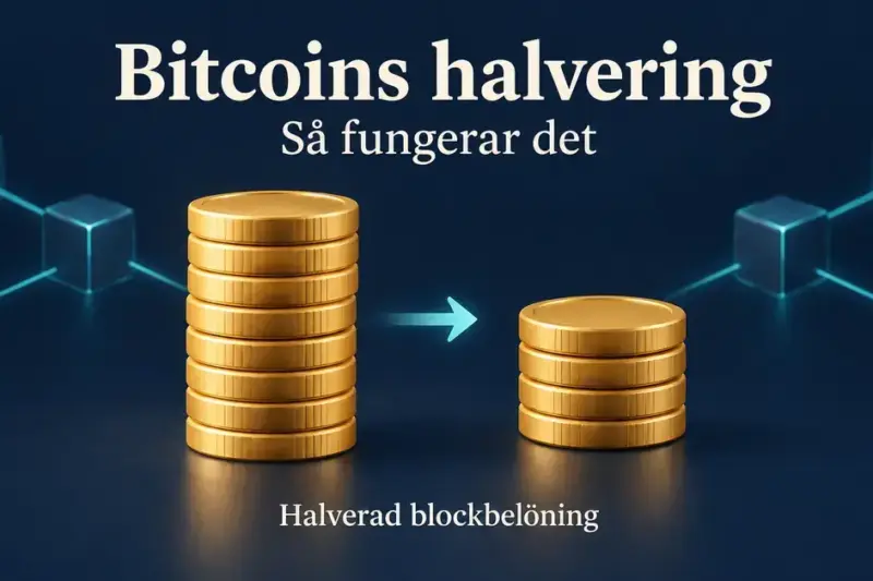 Två staplar med åtta respektive fyra guldmynt och en pil illustrerar hur Bitcoins blockbelöning halveras, med en stiliserad blockkedja i bakgrunden.