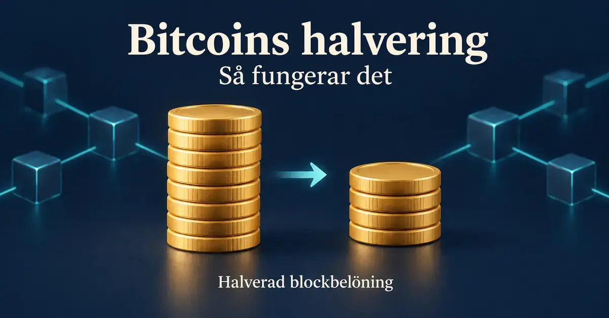 Två staplar med åtta respektive fyra guldmynt och en pil illustrerar hur Bitcoins blockbelöning halveras, med en stiliserad blockkedja i bakgrunden.