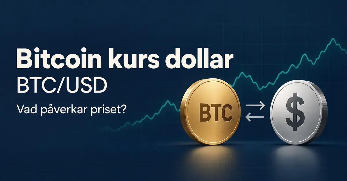 Illustration av bitcoinpriset i dollar med ett guldfärgat BTC-mynt, ett silverfärgat dollarmynt, växlingspilar och en stiliserad kurskurva.