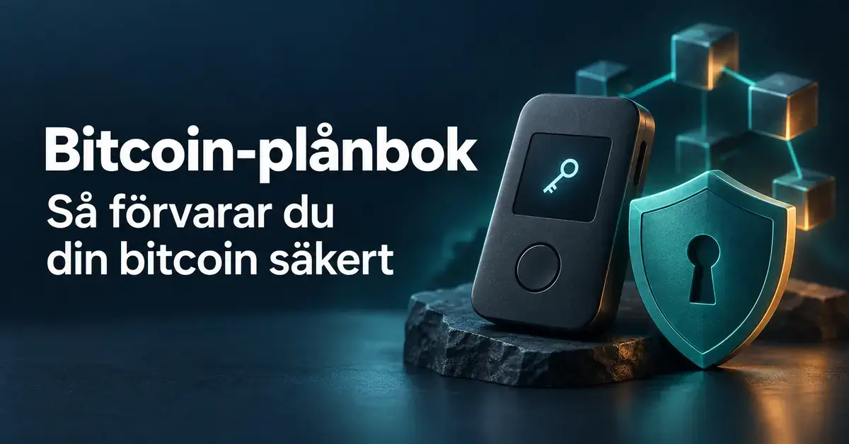 Illustration av en hårdvaruplånbok med nyckelsymbol och en skyddssköld intill texten ”Bitcoin-plånbok – så förvarar du din bitcoin säkert”.