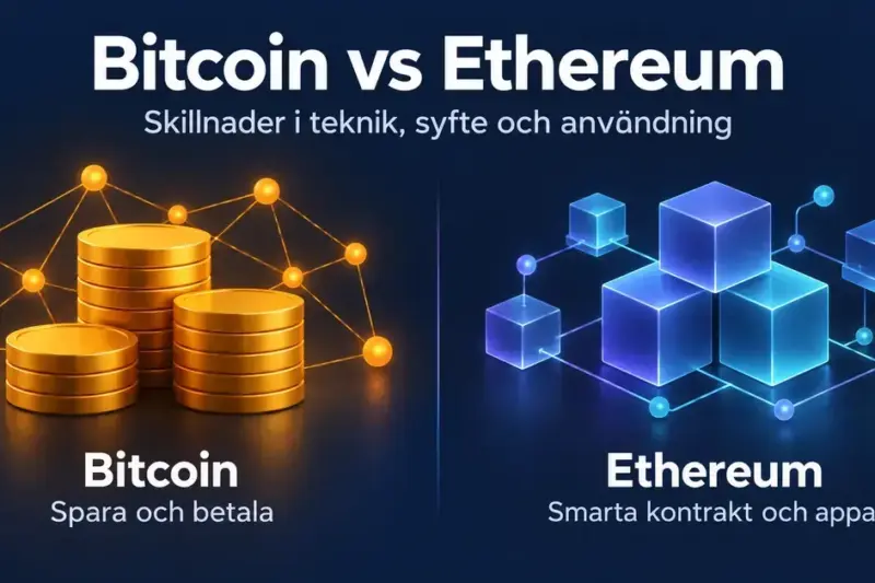 Jämförelse mellan Bitcoin för sparande och betalningar, illustrerat med gyllene mynt, och Ethereum för smarta kontrakt och appar, illustrerat med sammankopplade blå block.