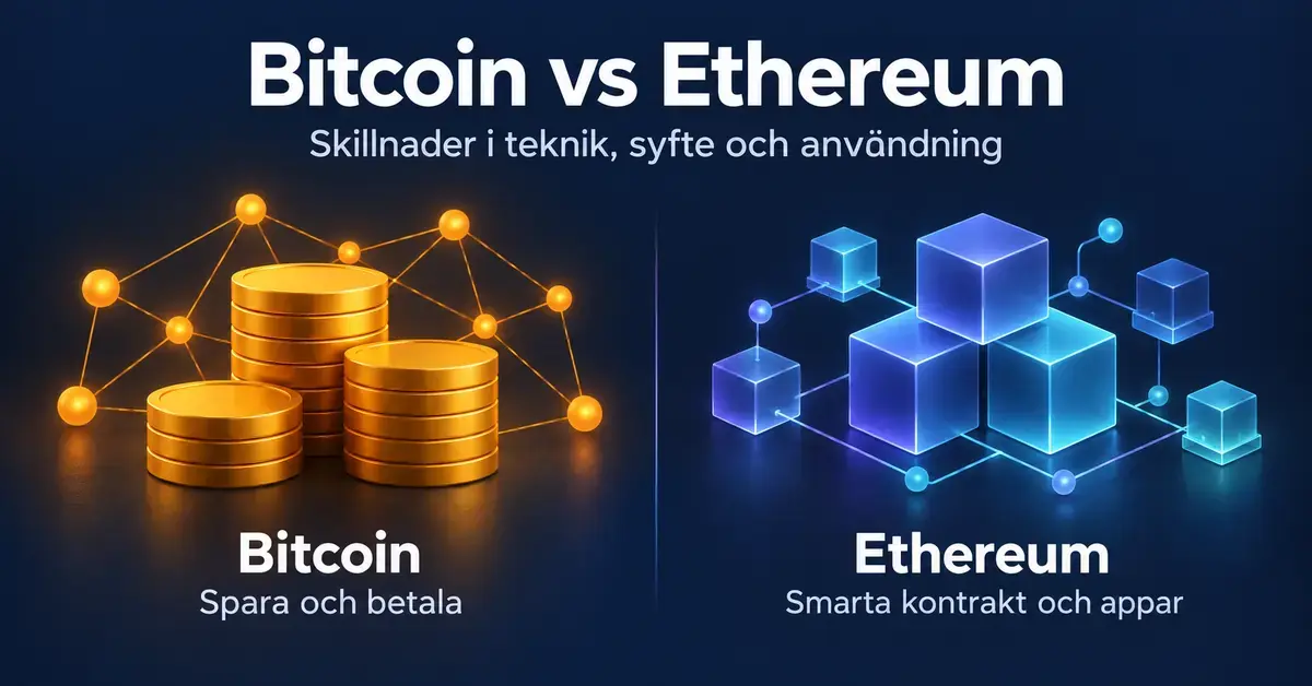 Jämförelse mellan Bitcoin för sparande och betalningar, illustrerat med gyllene mynt, och Ethereum för smarta kontrakt och appar, illustrerat med sammankopplade blå block.
