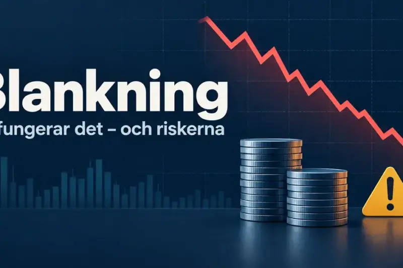 Illustration av blankning med en fallande aktiekurs, två myntstaplar och en varningssymbol som lyfter fram riskerna.
