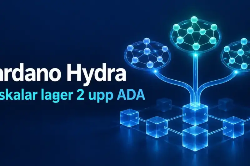 Illustration av Cardano Hydra med tre lysande nätverk ovanför sammankopplade block och texten ”Cardano Hydra – Så skalar lager 2 upp ADA”.
