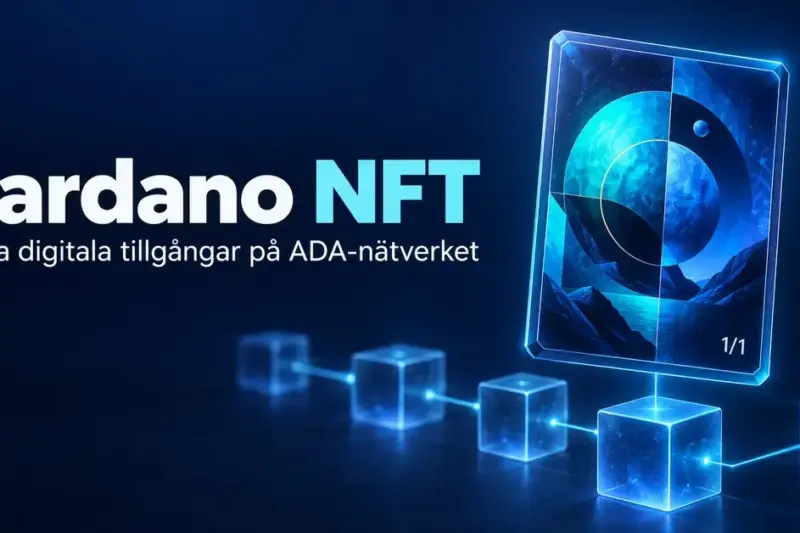 Illustration av en unik NFT märkt 1/1 ovanför sammankopplade block med texten ”Cardano NFT – Unika digitala tillgångar på ADA-nätverket”.