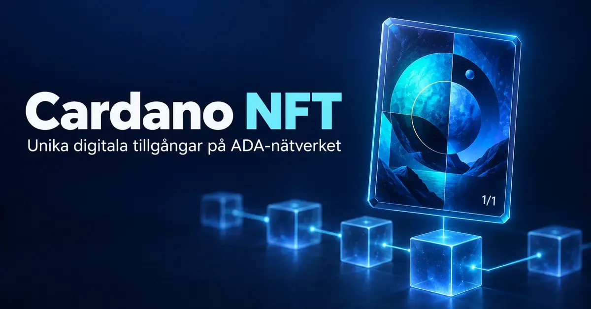 Illustration av en unik NFT märkt 1/1 ovanför sammankopplade block med texten ”Cardano NFT – Unika digitala tillgångar på ADA-nätverket”.