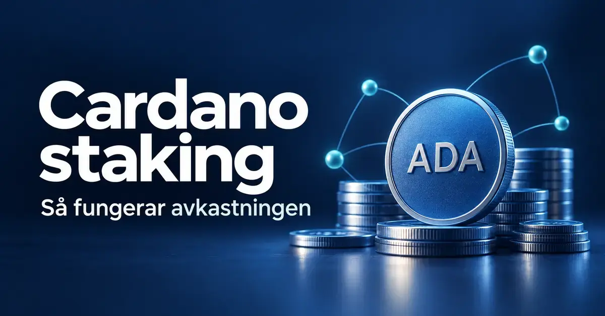 Illustration av ADA-mynt och sammankopplade nätverksnoder mot blå bakgrund med texten ”Cardano staking – Så fungerar avkastningen”.