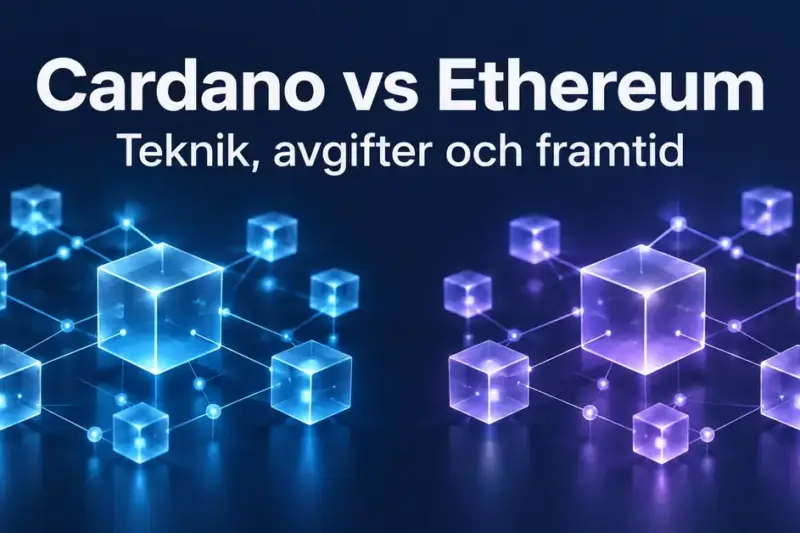 Blå och lila nätverk av sammanlänkade kuber illustrerar jämförelsen mellan Cardano och Ethereum med texten ”Cardano vs Ethereum – Teknik, avgifter och framtid”.