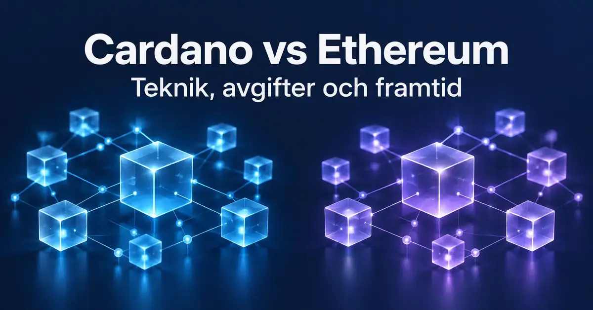 Blå och lila nätverk av sammanlänkade kuber illustrerar jämförelsen mellan Cardano och Ethereum med texten ”Cardano vs Ethereum – Teknik, avgifter och framtid”.