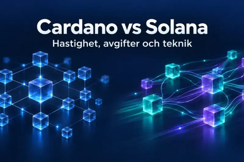 Illustration av Cardano och Solana som två nätverk av sammankopplade kuber i blått, turkost och lila, med texten ”Cardano vs Solana – Hastighet, avgifter och teknik”.