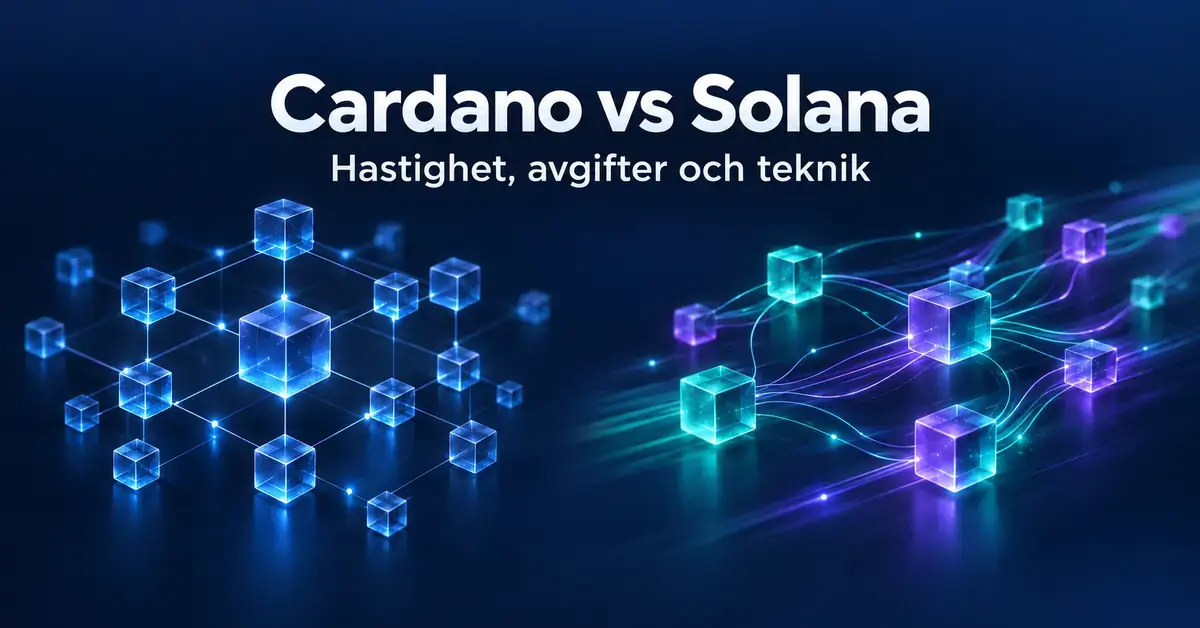 Illustration av Cardano och Solana som två nätverk av sammankopplade kuber i blått, turkost och lila, med texten ”Cardano vs Solana – Hastighet, avgifter och teknik”.