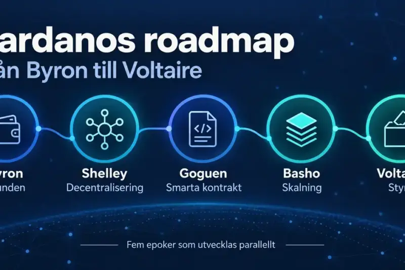 Grafik över Cardanos fem epoker Byron, Shelley, Goguen, Basho och Voltaire, med symboler för grunden, decentralisering, smarta kontrakt, skalning och styre.