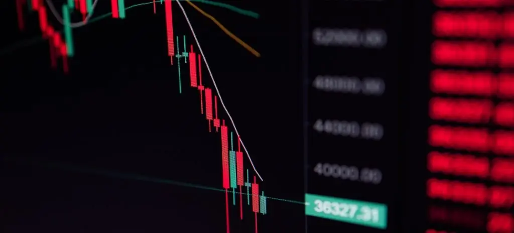 Close up of Bitcoin and Cryptocurrency stock market exchange candlestick chart