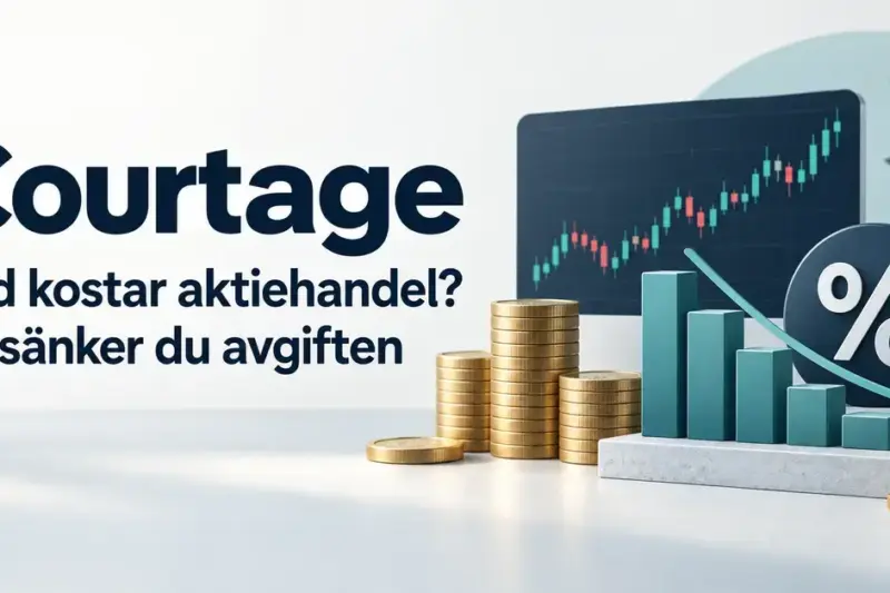 Illustration om courtage med myntstaplar, ett aktiediagram och en nedåtgående pil som symboliserar sänkta avgifter vid aktiehandel.