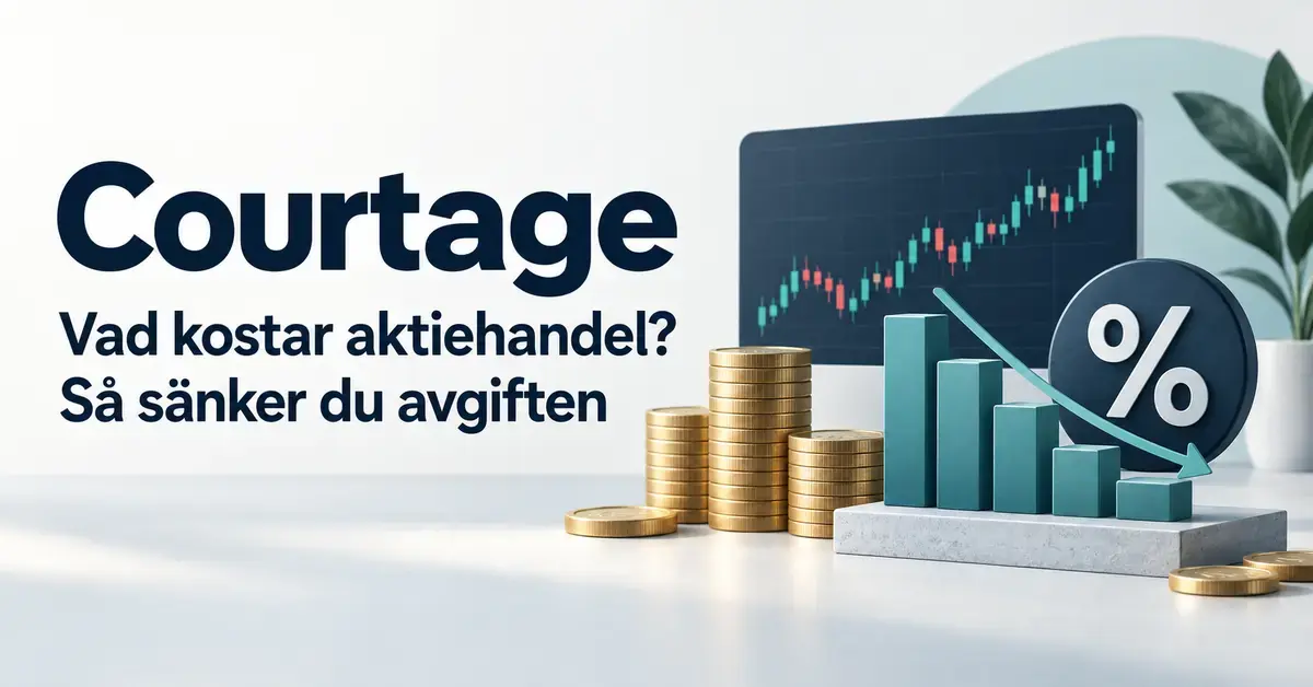Illustration om courtage med myntstaplar, ett aktiediagram och en nedåtgående pil som symboliserar sänkta avgifter vid aktiehandel.