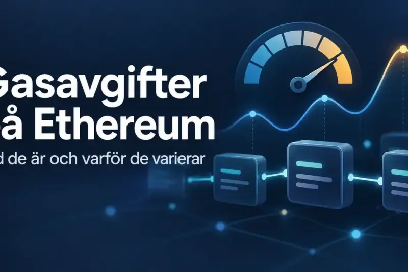 Illustration av gasavgifter på Ethereum med sammankopplade transaktionsblock, en avgiftsmätare och en kurva som symboliserar varierande avgifter.
