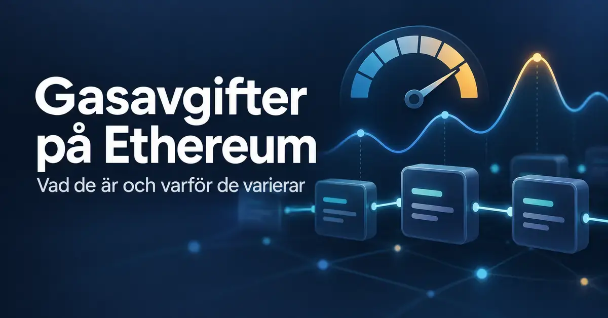 Illustration av gasavgifter på Ethereum med sammankopplade transaktionsblock, en avgiftsmätare och en kurva som symboliserar varierande avgifter.