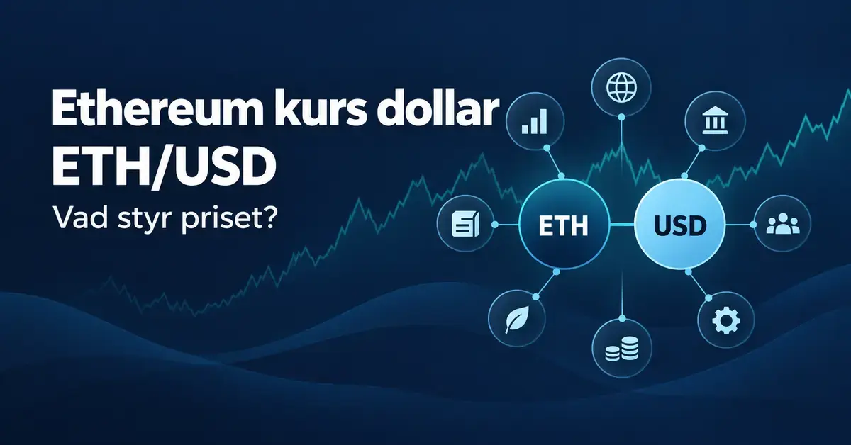 Illustration av Ethereum kurs dollar med ETH och USD i ett nätverk av ekonomiska symboler framför en stiliserad kurskurva.