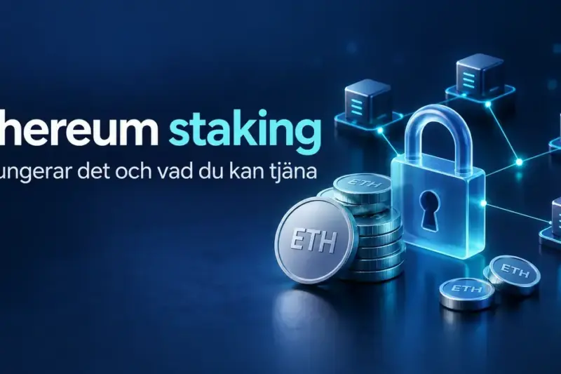 Illustration av Ethereum staking med ETH-mynt, ett hänglås och sammankopplade validatornoder som symboliserar staking och belöningar.