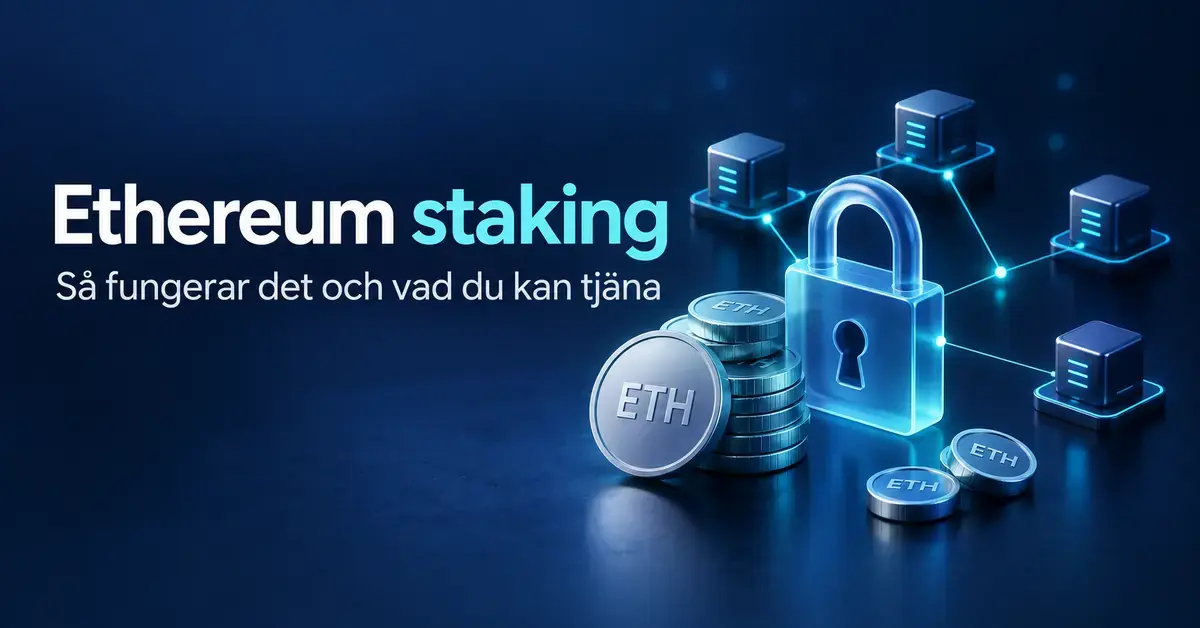 Illustration av Ethereum staking med ETH-mynt, ett hänglås och sammankopplade validatornoder som symboliserar staking och belöningar.