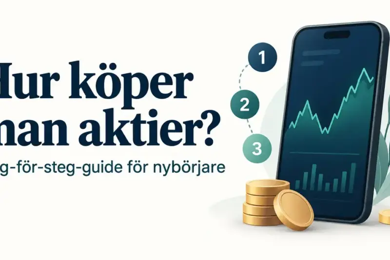 Illustration av en mobil med aktiediagram, mynt och tre numrerade steg bredvid texten ”Hur köper man aktier? Steg-för-steg-guide för nybörjare”.