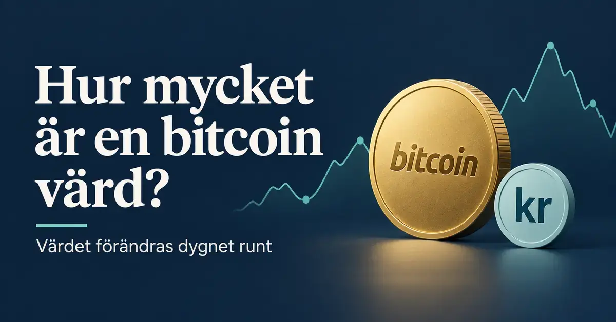 Illustration av ett guldfärgat mynt märkt bitcoin, ett mindre mynt märkt kr och en varierande kurslinje bredvid rubriken ”Hur mycket är en bitcoin värd?”.