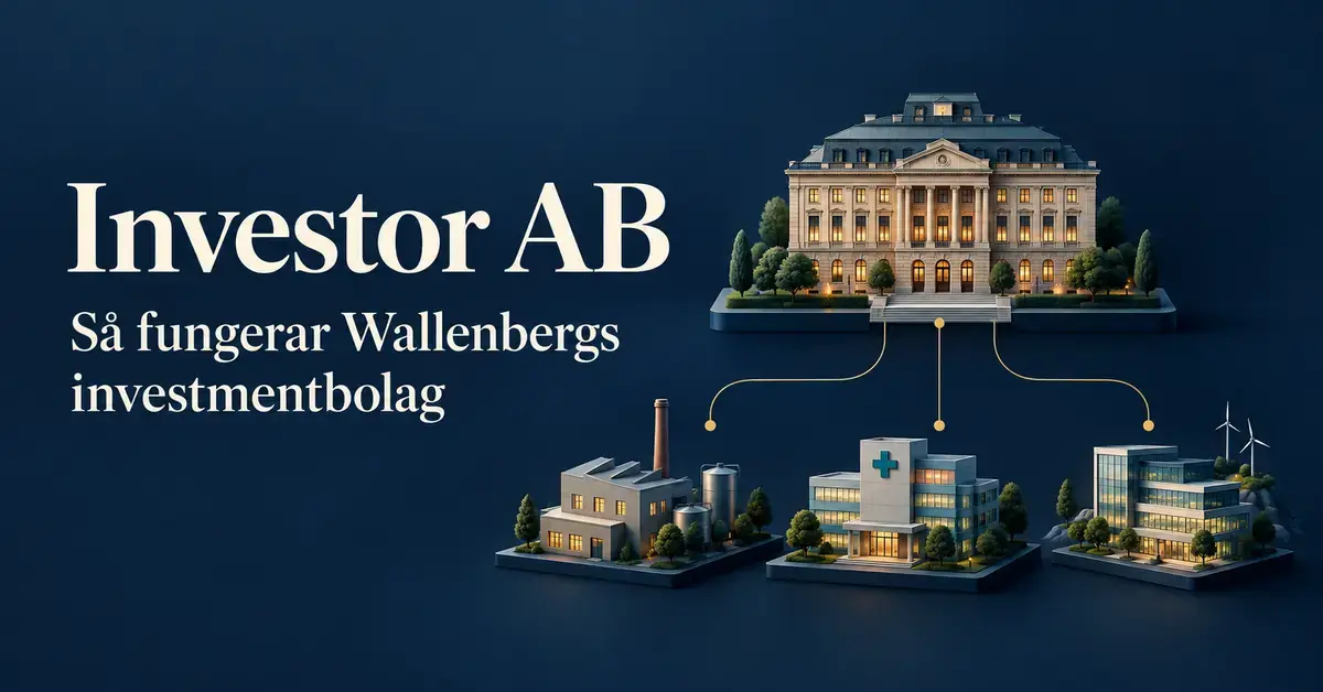 Illustration av Investor AB som ett centralt investmentbolag med kopplingar till företag inom industri, vård och teknik, med texten ”Så fungerar Wallenbergs investmentbolag”.