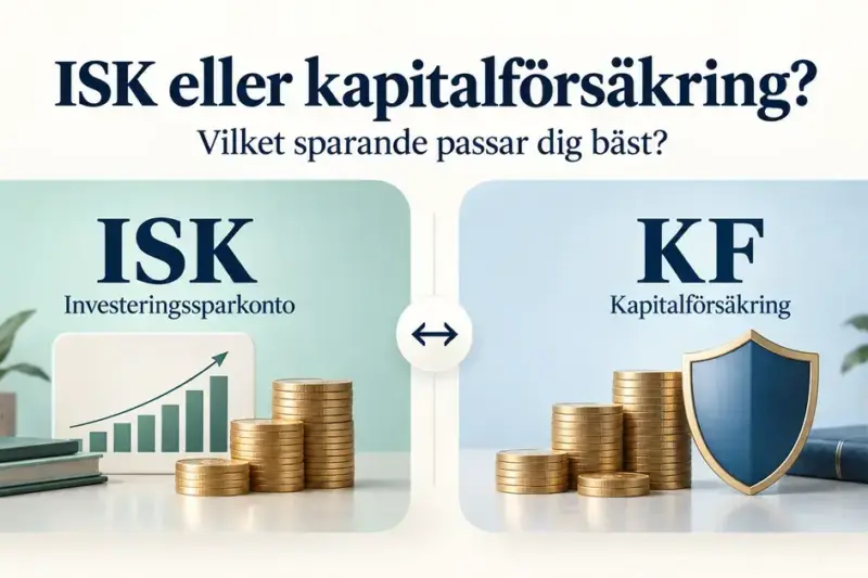 Jämförelse mellan ISK och kapitalförsäkring med myntstaplar, ett tillväxtdiagram och en sköld som symboliserar de två sparformerna.