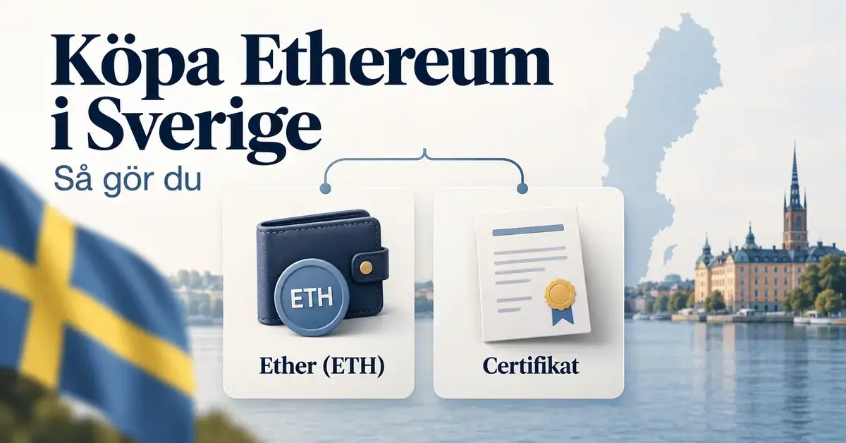 Illustration av två sätt att köpa Ethereum i Sverige, med en plånbok och en ETH-symbol för ether samt ett dokument för certifikat mot en bakgrund med Sveriges karta och flagga.