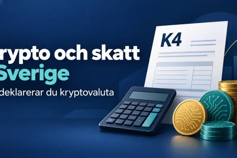 Illustration av en K4-blankett, en miniräknare och digitala mynt med texten ”Krypto och skatt i Sverige – Så deklarerar du kryptovaluta”.