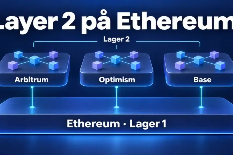 Illustration av Arbitrum, Optimism och Base som tre Layer 2-nätverk ovanpå Ethereums gemensamma grundlager.