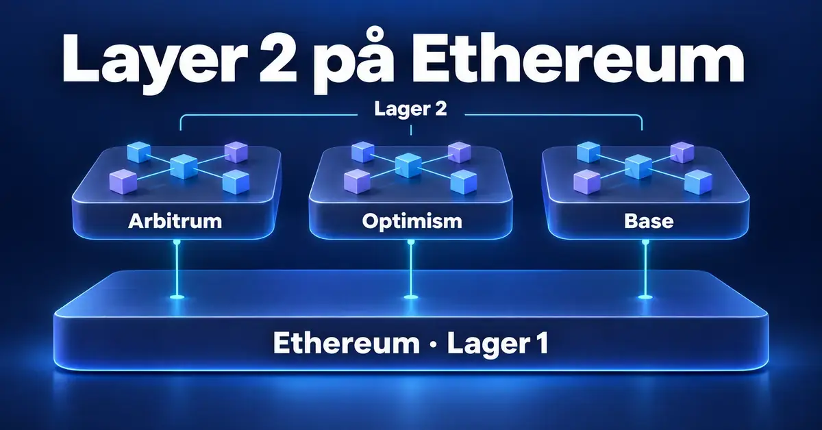 Illustration av Arbitrum, Optimism och Base som tre Layer 2-nätverk ovanpå Ethereums gemensamma grundlager.