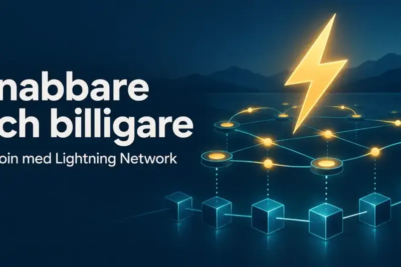En gyllene blixt över sammankopplade betalningsnoder och block illustrerar hur Lightning Network gör Bitcoinbetalningar snabbare och billigare.