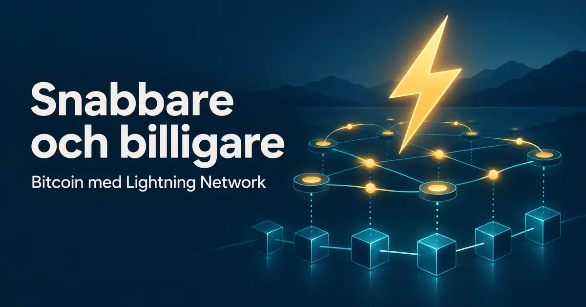 En gyllene blixt över sammankopplade betalningsnoder och block illustrerar hur Lightning Network gör Bitcoinbetalningar snabbare och billigare.