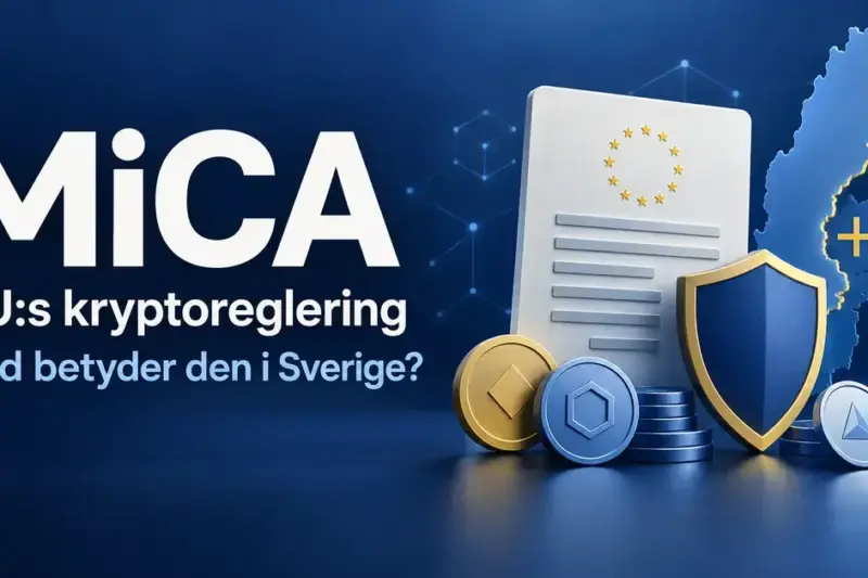 Illustration av MiCA med ett regeldokument, en skyddssköld, digitala mynt och en Sverigekarta samt texten ”EU:s kryptoreglering – Vad betyder den i Sverige?”.