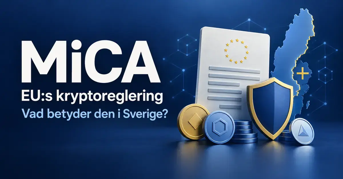 Illustration av MiCA med ett regeldokument, en skyddssköld, digitala mynt och en Sverigekarta samt texten ”EU:s kryptoreglering – Vad betyder den i Sverige?”.