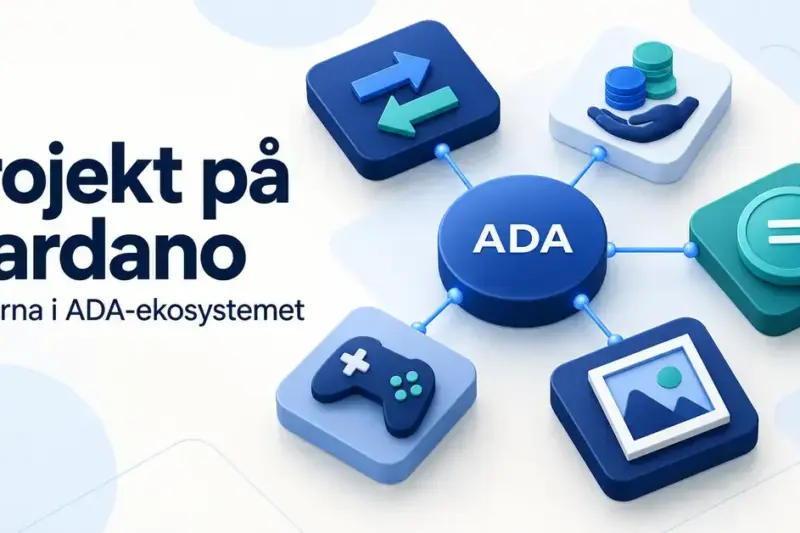 Illustration av Cardanos appekosystem med ADA i centrum och anslutna symboler för handel, utlåning, stablecoins, spel och digital konst.