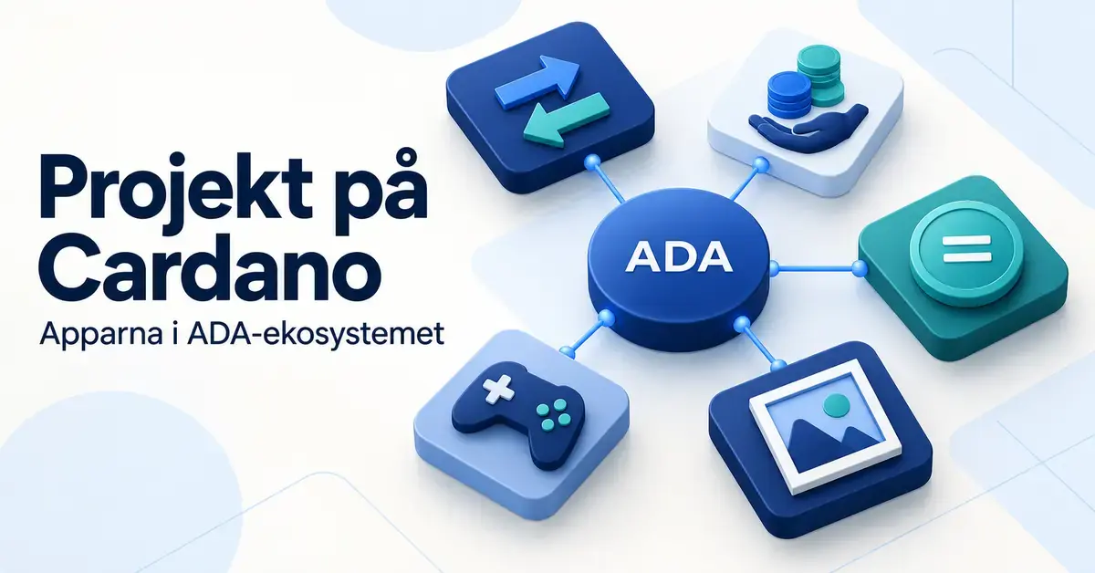 Illustration av Cardanos appekosystem med ADA i centrum och anslutna symboler för handel, utlåning, stablecoins, spel och digital konst.