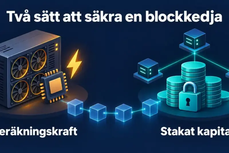 Jämförelse mellan beräkningskraft i Proof of Work, illustrerad med datorutrustning och en blixt, och stakat kapital i Proof of Stake, illustrerat med mynt, ett hänglås och nätverksnoder.