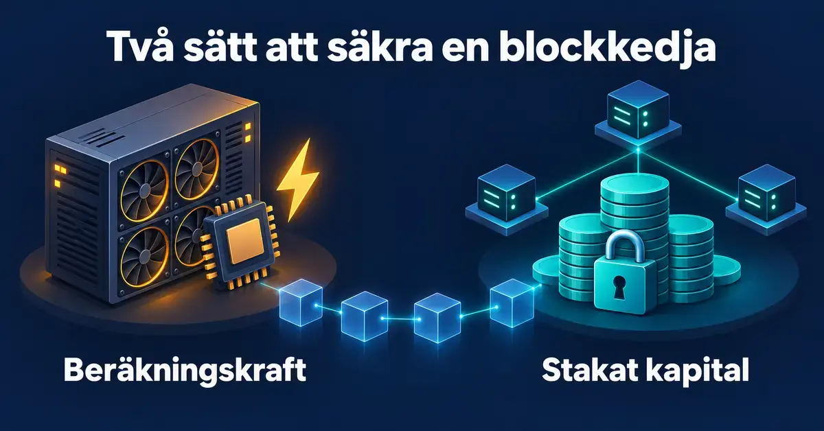 Jämförelse mellan beräkningskraft i Proof of Work, illustrerad med datorutrustning och en blixt, och stakat kapital i Proof of Stake, illustrerat med mynt, ett hänglås och nätverksnoder.