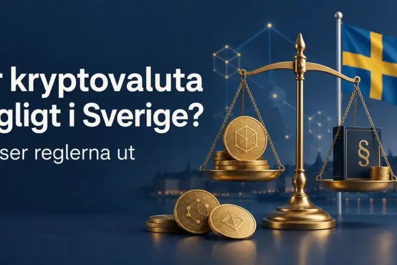 Illustration med digitala mynt, en balansvåg, en lagbok och Sveriges flagga samt texten ”Är kryptovaluta lagligt i Sverige? Så ser reglerna ut”.