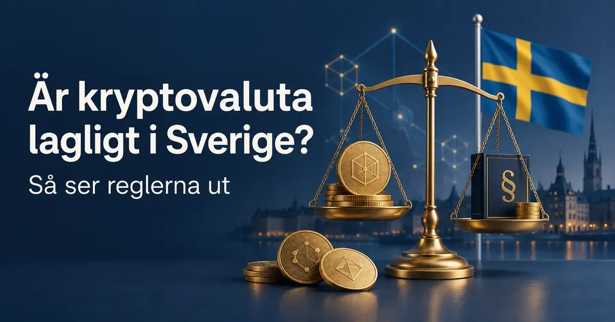 Illustration med digitala mynt, en balansvåg, en lagbok och Sveriges flagga samt texten ”Är kryptovaluta lagligt i Sverige? Så ser reglerna ut”.