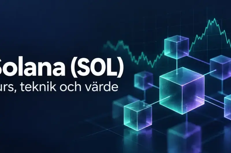 Illustration med texten ”Solana (SOL) – Kurs, teknik och värde”, en stiliserad kurskurva och sammankopplade block i turkost och lila mot mörk bakgrund.