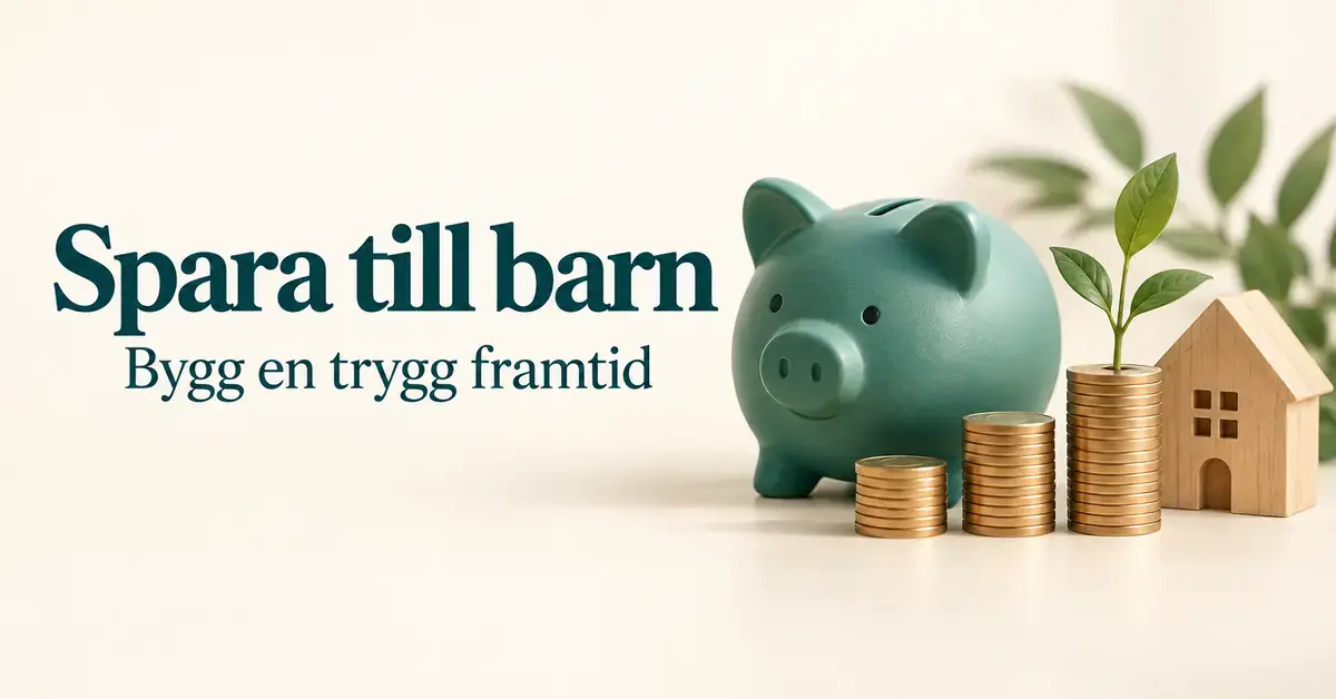 En turkos spargris, myntstaplar, en grön planta och ett litet trähus illustrerar barnsparande med texten ”Spara till barn – Bygg en trygg framtid”.